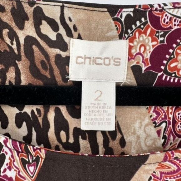 Chico’s Top Size Medium Mixed Print Floral Leopard Long Sleeve Stretch Travel - Picture 2 of 11